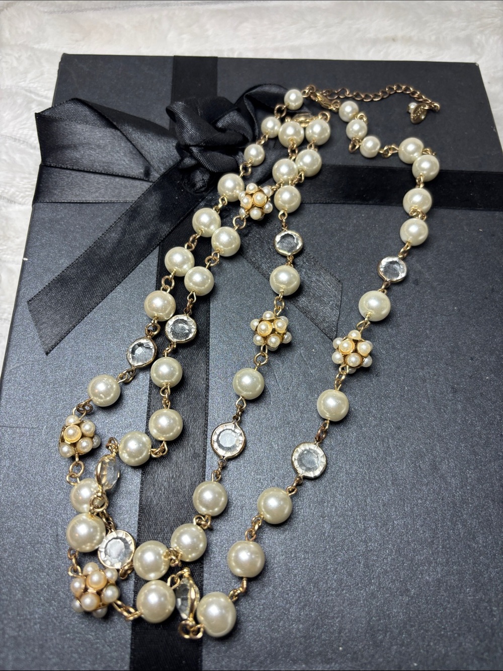 Vintage RSVP Faux Pearl Necklace Clear Faceted Crystals Can Double 40”